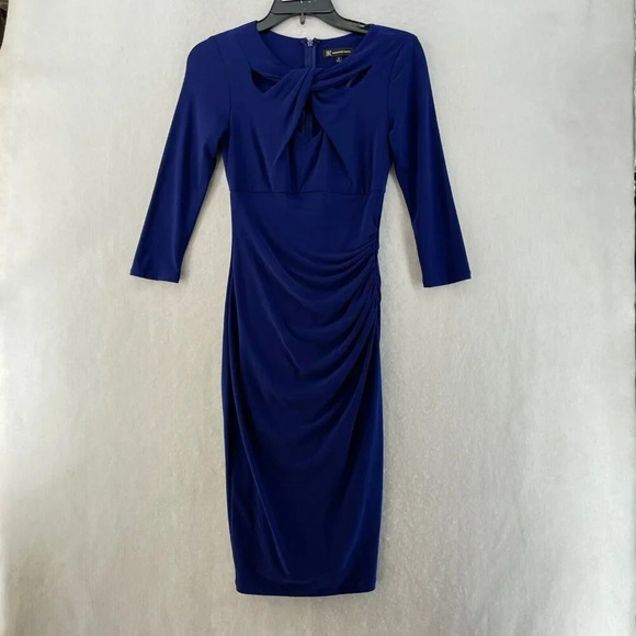 INC International Concept Dress Sz 0 Blue Draped 3/4 Sleeve Knee Length Bodycon - Picture 1 of 10